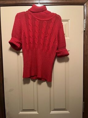 Planet Gold Red Cable-Knit Short-Sleeve Turtleneck Pullover